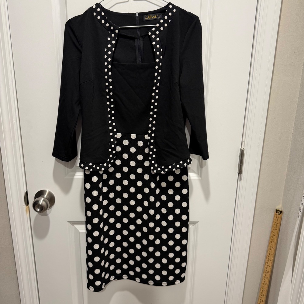 iHot Womens Sheath Dress Faux Layer Polka Dot Black White Size M